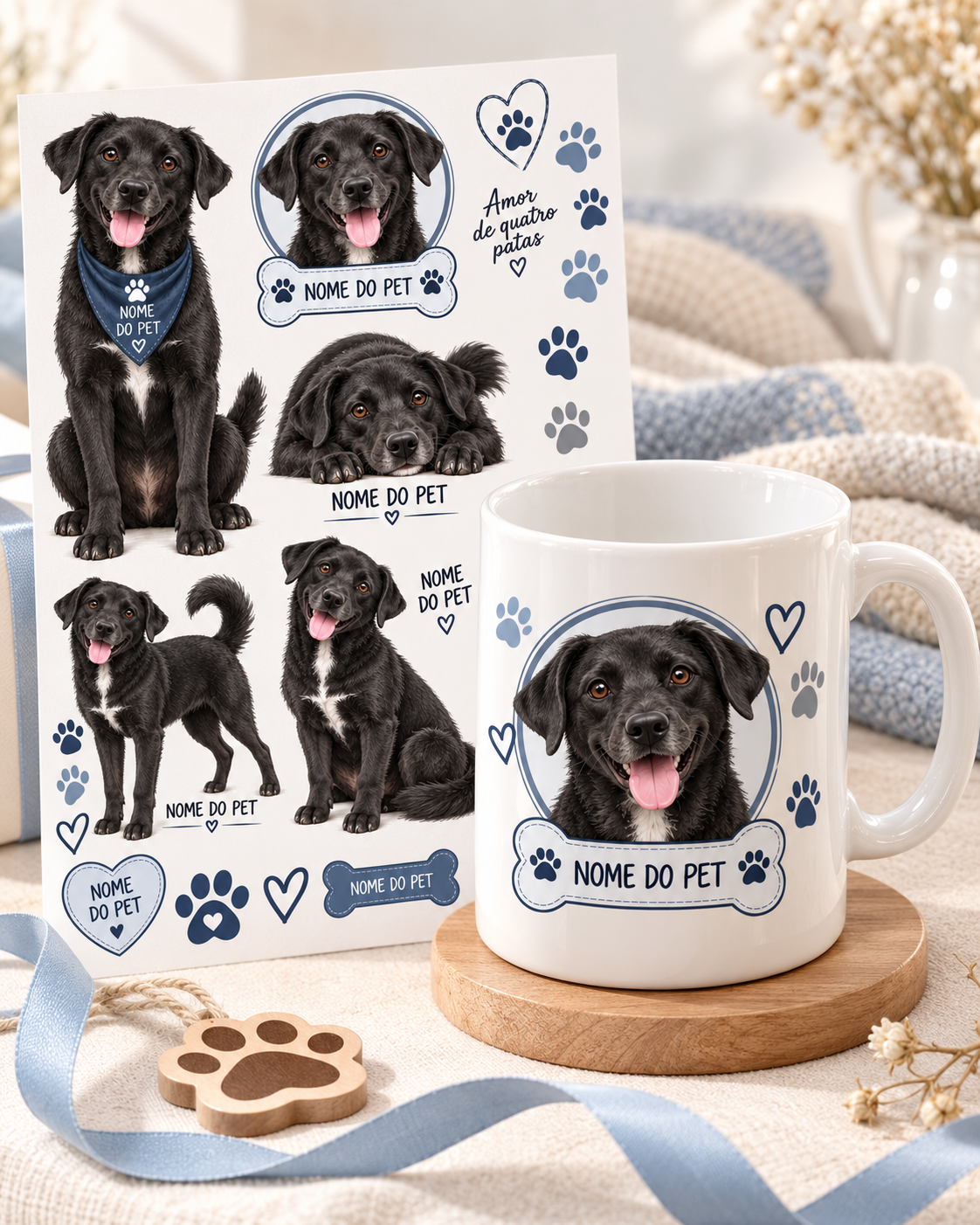 Arte de cachorro preto ao lado de uma caneca personalizada