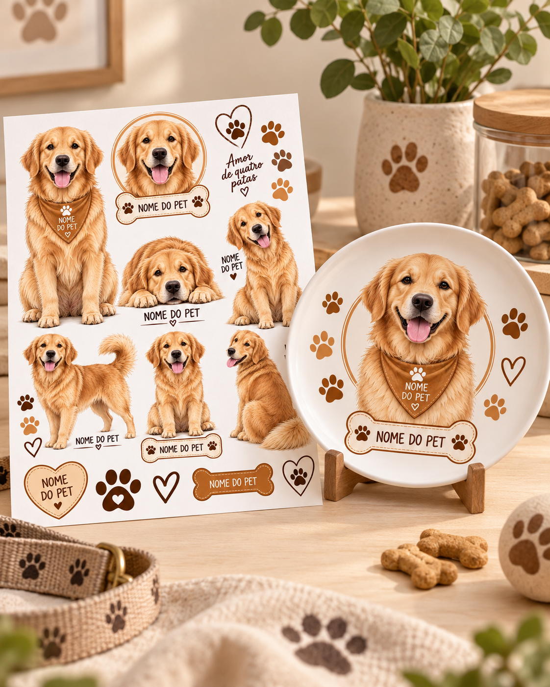 Arte de Golden Retriever ao lado de um prato personalizado