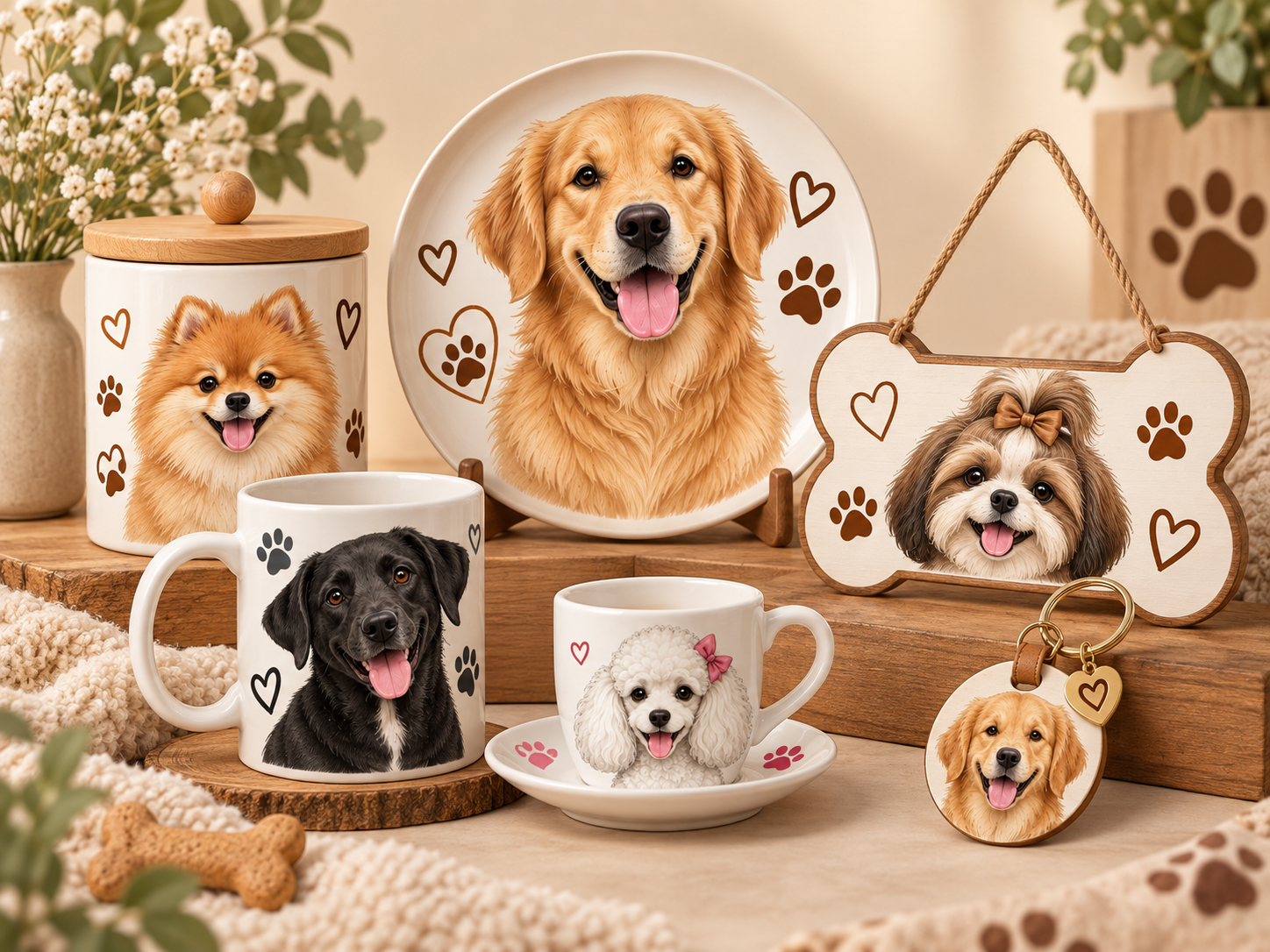 Canecas, pratos, potes e presentes personalizados com artes de cachorrinhos